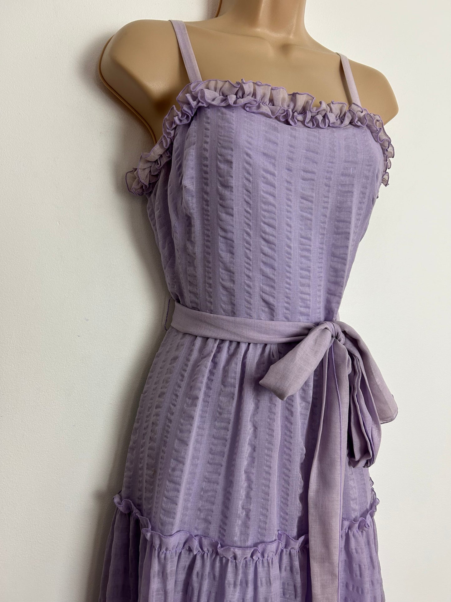 Vintage 1970s UK Size 6 Pastel Lilac Seersucker Cotton Ruffle Trim Prairie Boho Belted Summer Maxi Dress