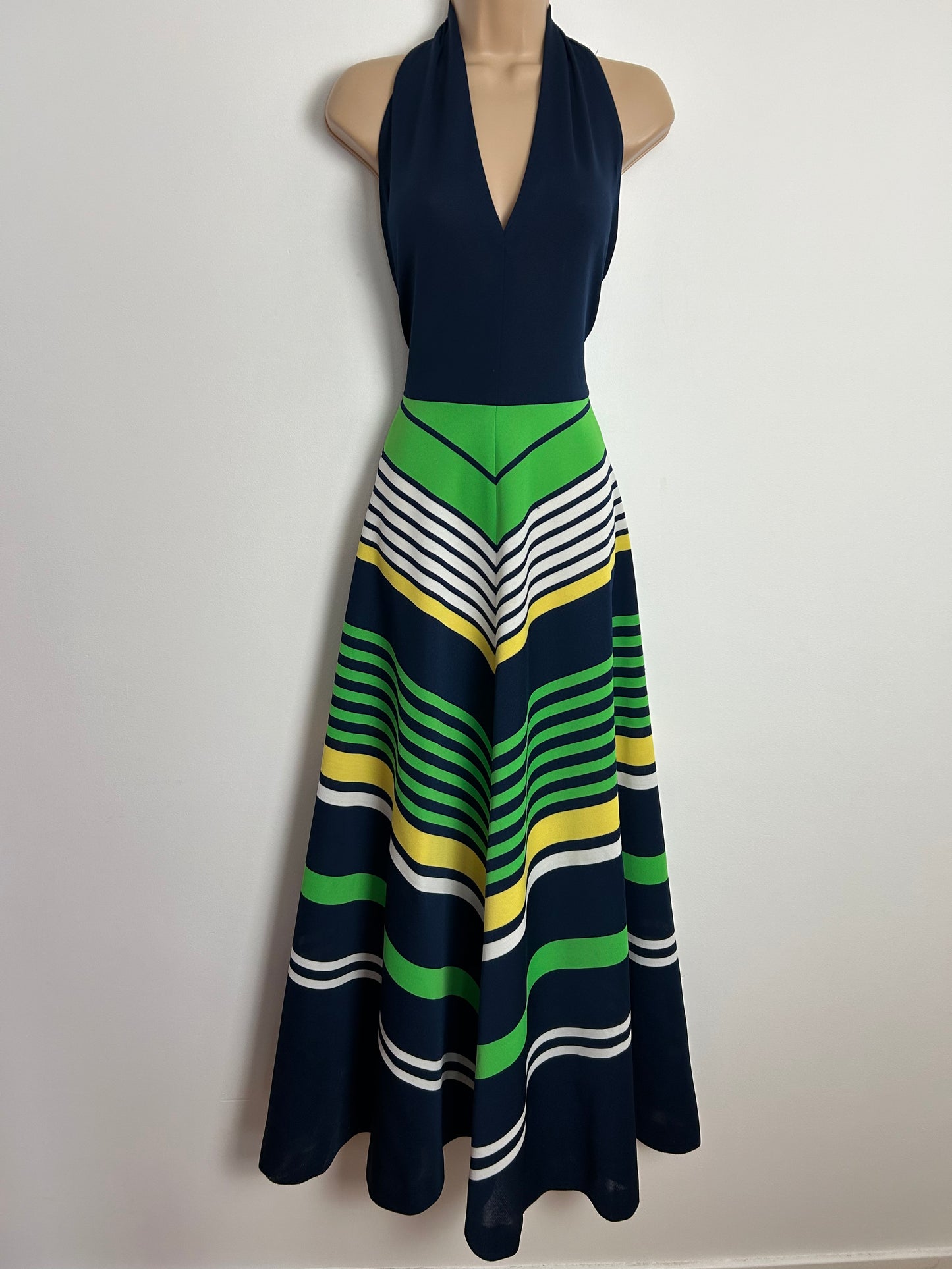 Vintage 1970s UK Size 6 Navy Blue Green & White Stripe Print Halterneck Maxi Dress