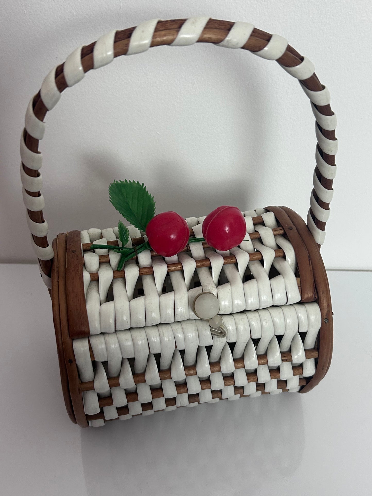 Vintage 1950s Cute Wooden & White Woven Cherries Detail Box Bag