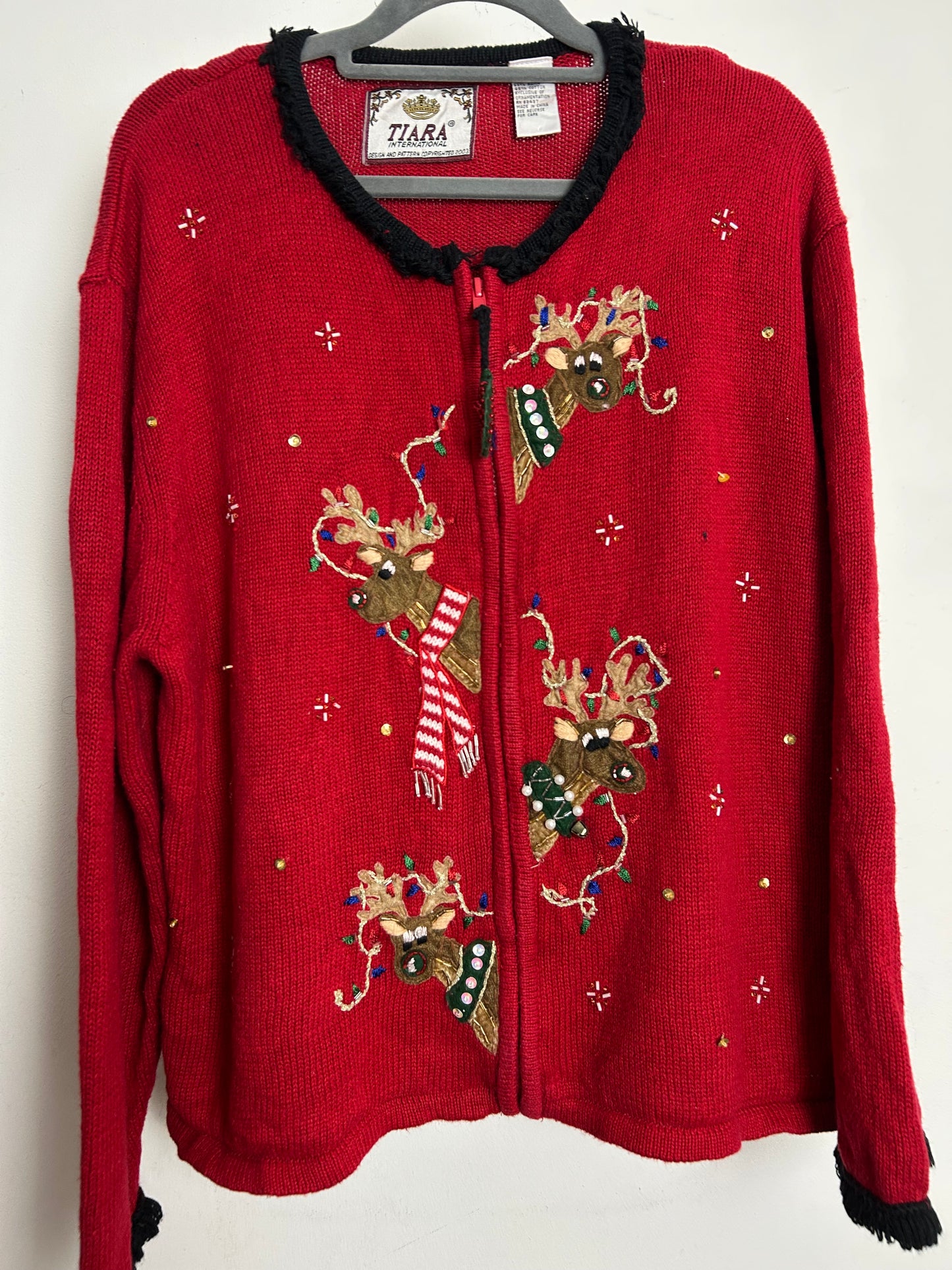 Vintage Y2K TIARA INTERNATIONAL Size XL Up to Size 16 Red Embellished Christmas Reindeer Cardigan