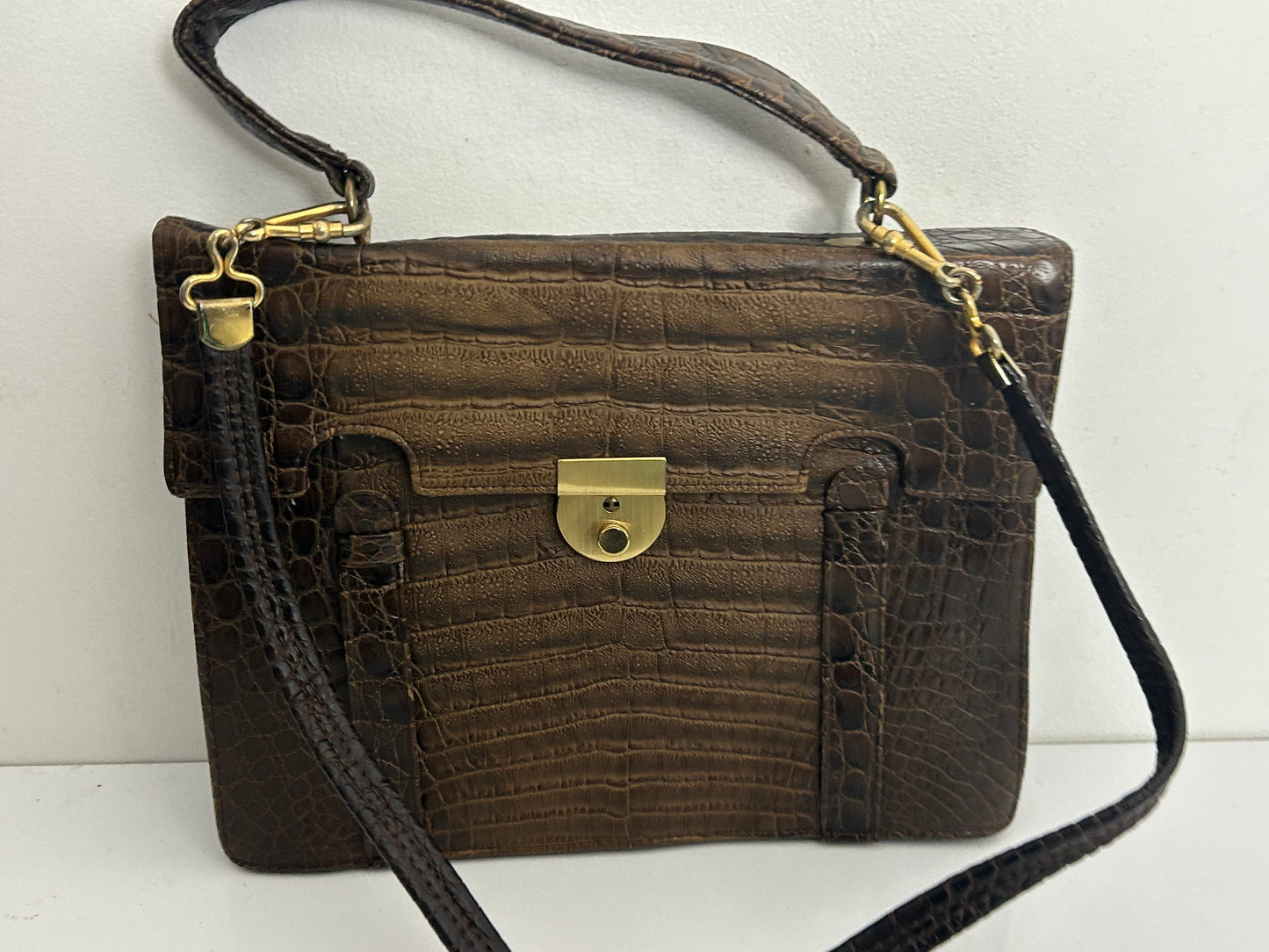 Vintage 1970s Large Brown Real Leather Mock Croc Handbag