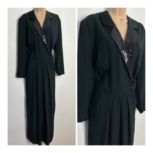 Vintage 1980s WORTMANN UK Size 14 Black Sequin Satin Collar Long Sleeve Evening Occasion Jumpsuit