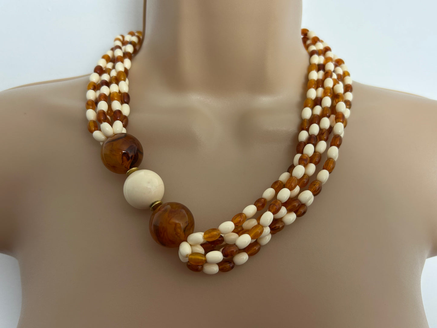 Vintage 1960s Cream & Amber Colour Plastic Bead Double Strand Necklace