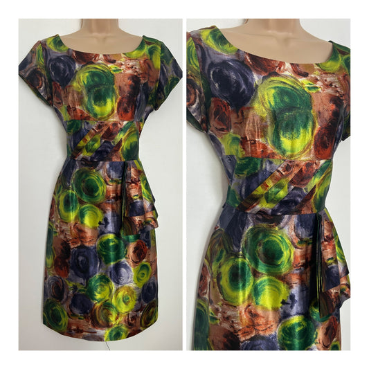Vintage Early 1960s Size 8 Green Orange & Indigo Floral Print Half Belted Short Sleeve Dress