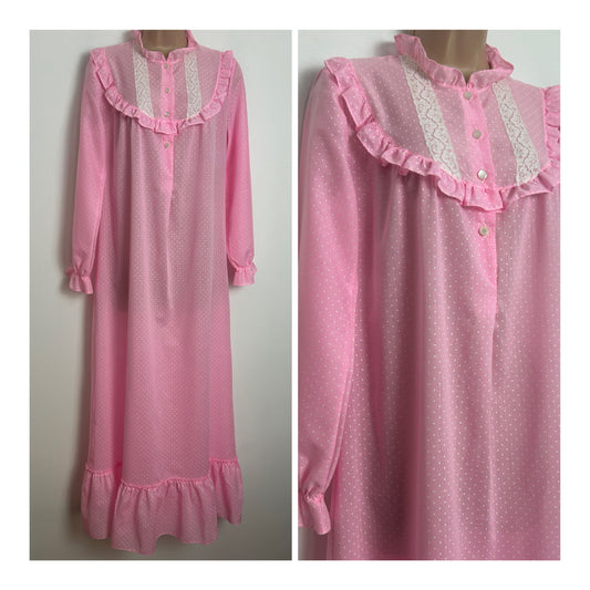 Vintage Size 10-12 Pink & White Polka Dot Lace & Ruffle Trim Long Sleeve Smock Style Nightdress