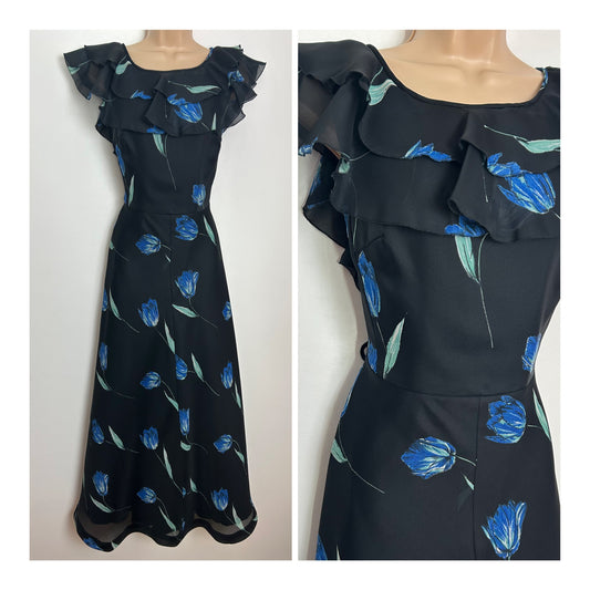 Vintage 1970s LUCIE LINDEN Size 12 Black & Blue Floral Print Ruffle Layered Boho Maxi Dress