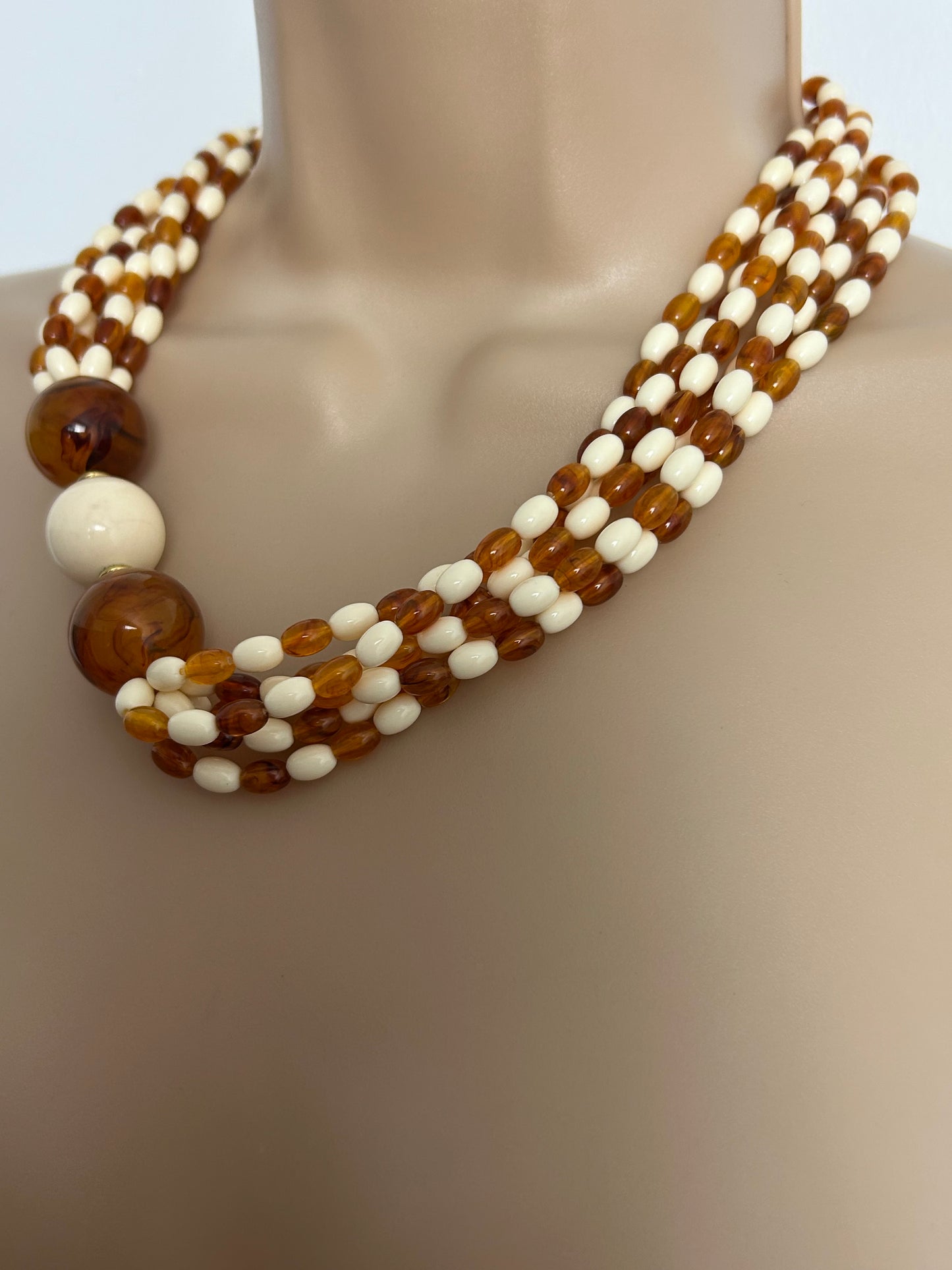 Vintage 1960s Cream & Amber Colour Plastic Bead Double Strand Necklace