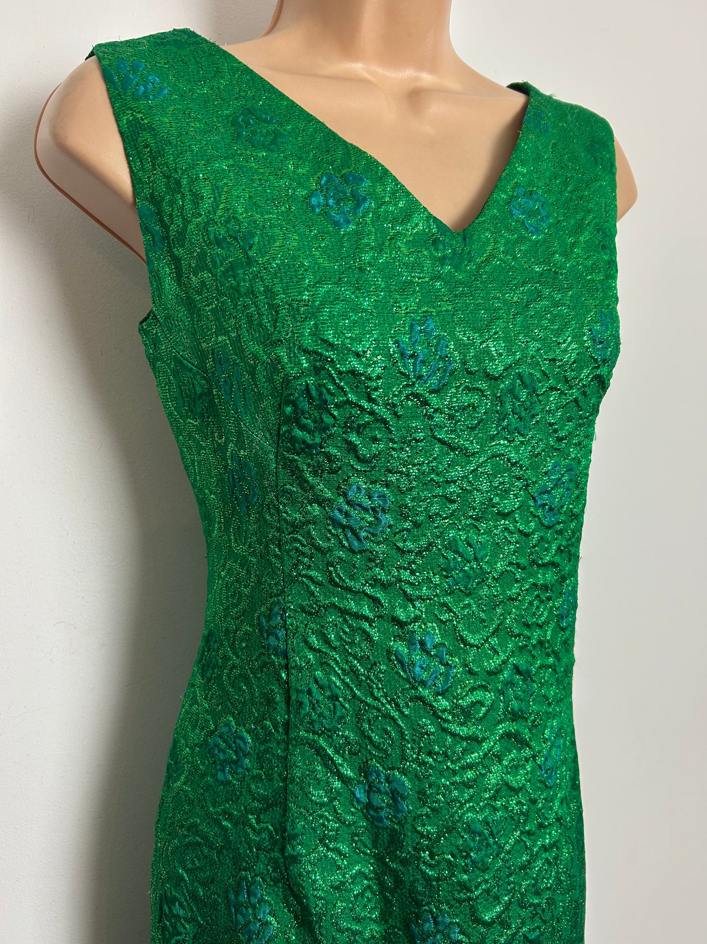 Vintage 1960s LAURA PHILLIPS Size 10 Metallic Green & Blue Textured Jacquard Xmas Party Mini Dress