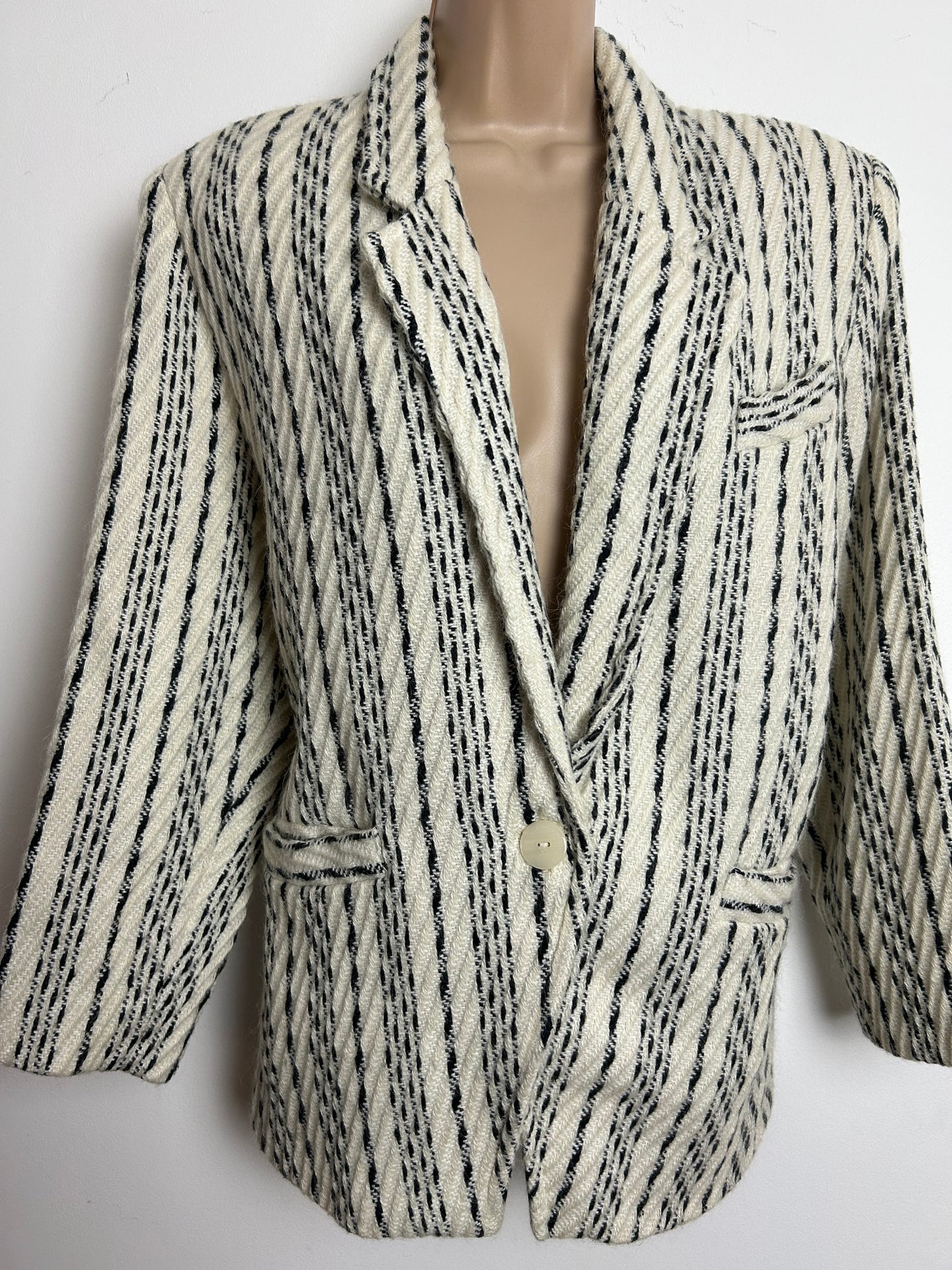Vintage 1980s MIRAGE Size 16 Cream & Black Stripe Wool Mix Fully Lined Blazer/Jacket