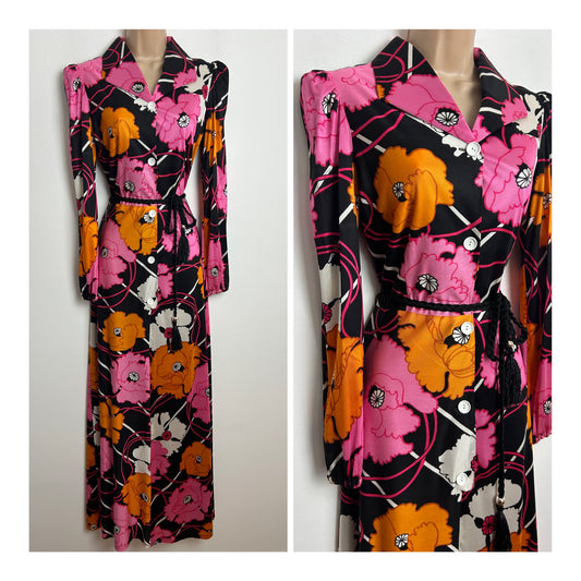 Vintage 1970s Size 8 Black Pink & Orange Bold Floral Print Long Sleeve Maxi Dress