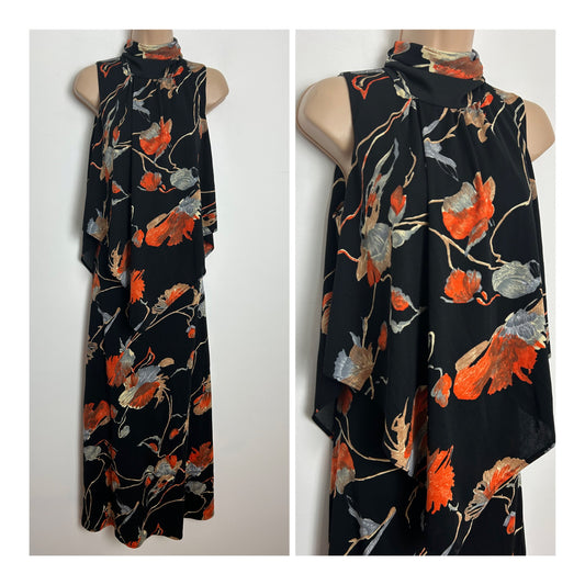 Vintage 1970s Size 10 Black Orange Grey & Beige Floral Print Sleeveless Double Layered Maxi Dress