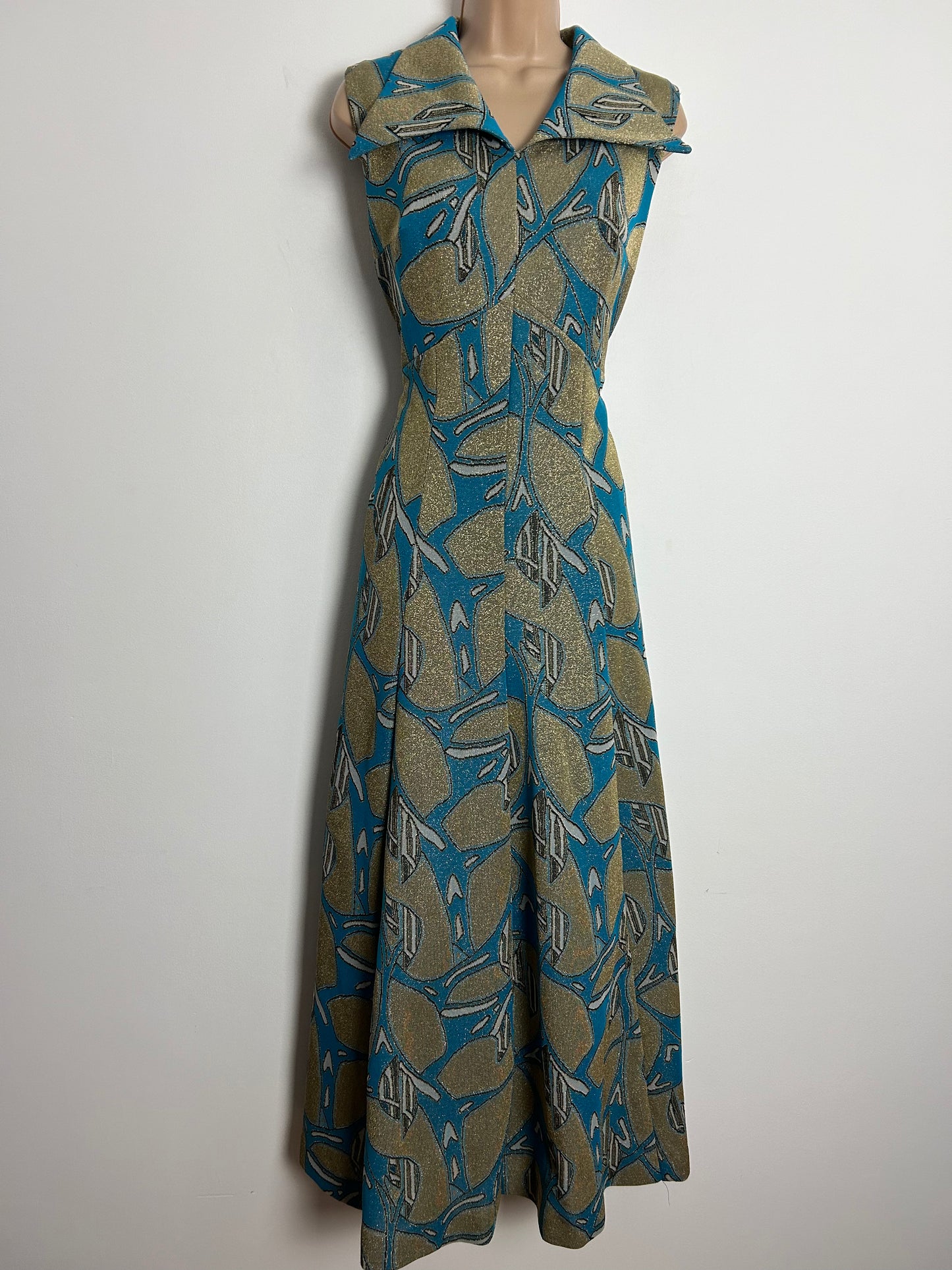 Vintage 1970s CANDA UK Size 12 Turquoise & Gold Abstract Print Lurex Occasion Evening Maxi Dress