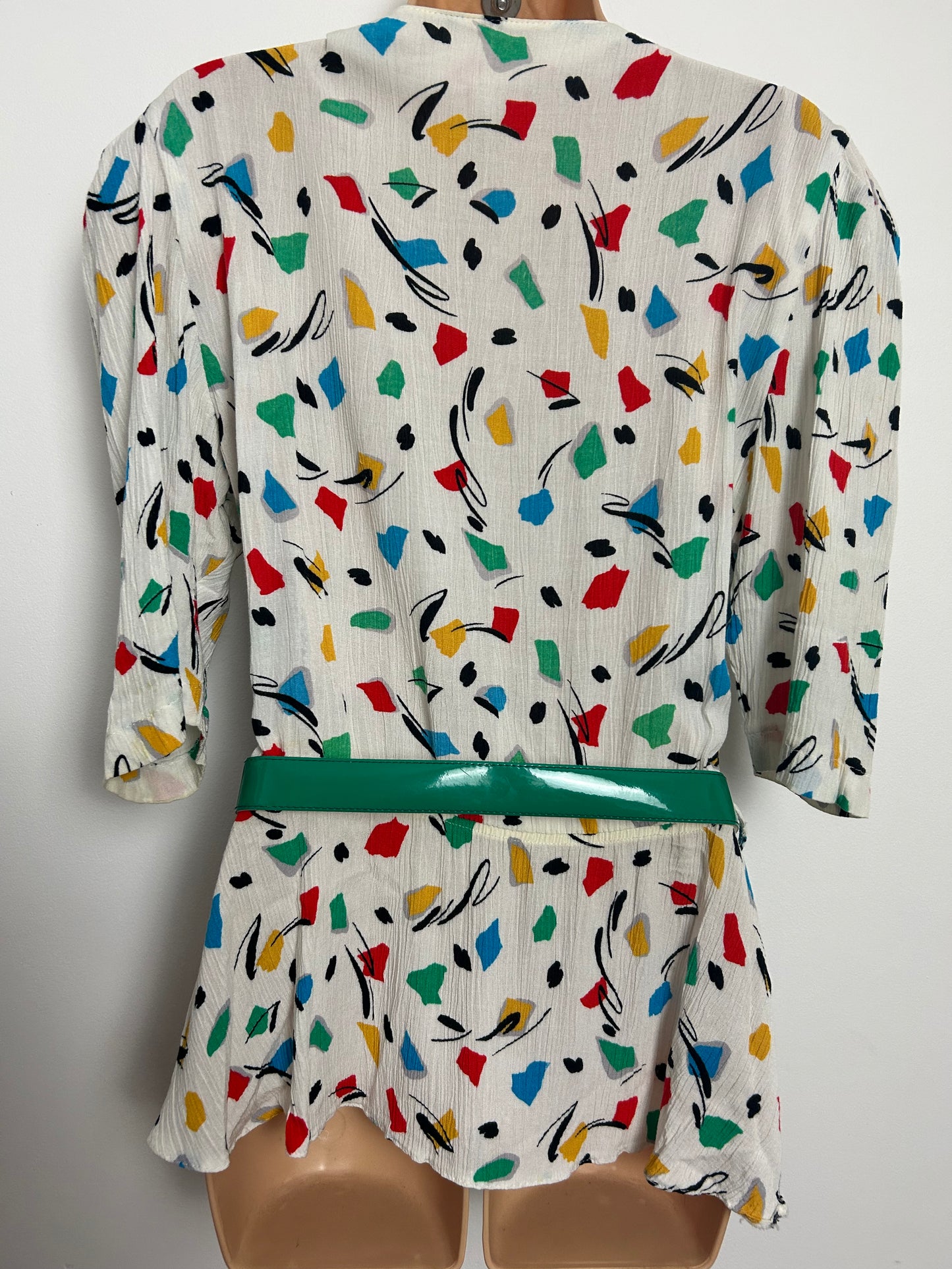 Vintage 1980s Size 12-14 White Red Green Yellow & Blue Abstract Belted Peplum Top