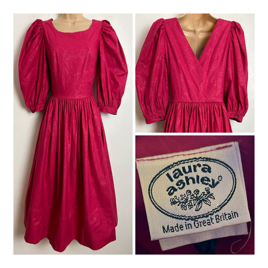 Vintage 80s LAURA ASHLEY UK 6 (Size 10 On Label) Dark Pink Cotton Embossed Damask Floral Pleated Midi Dress