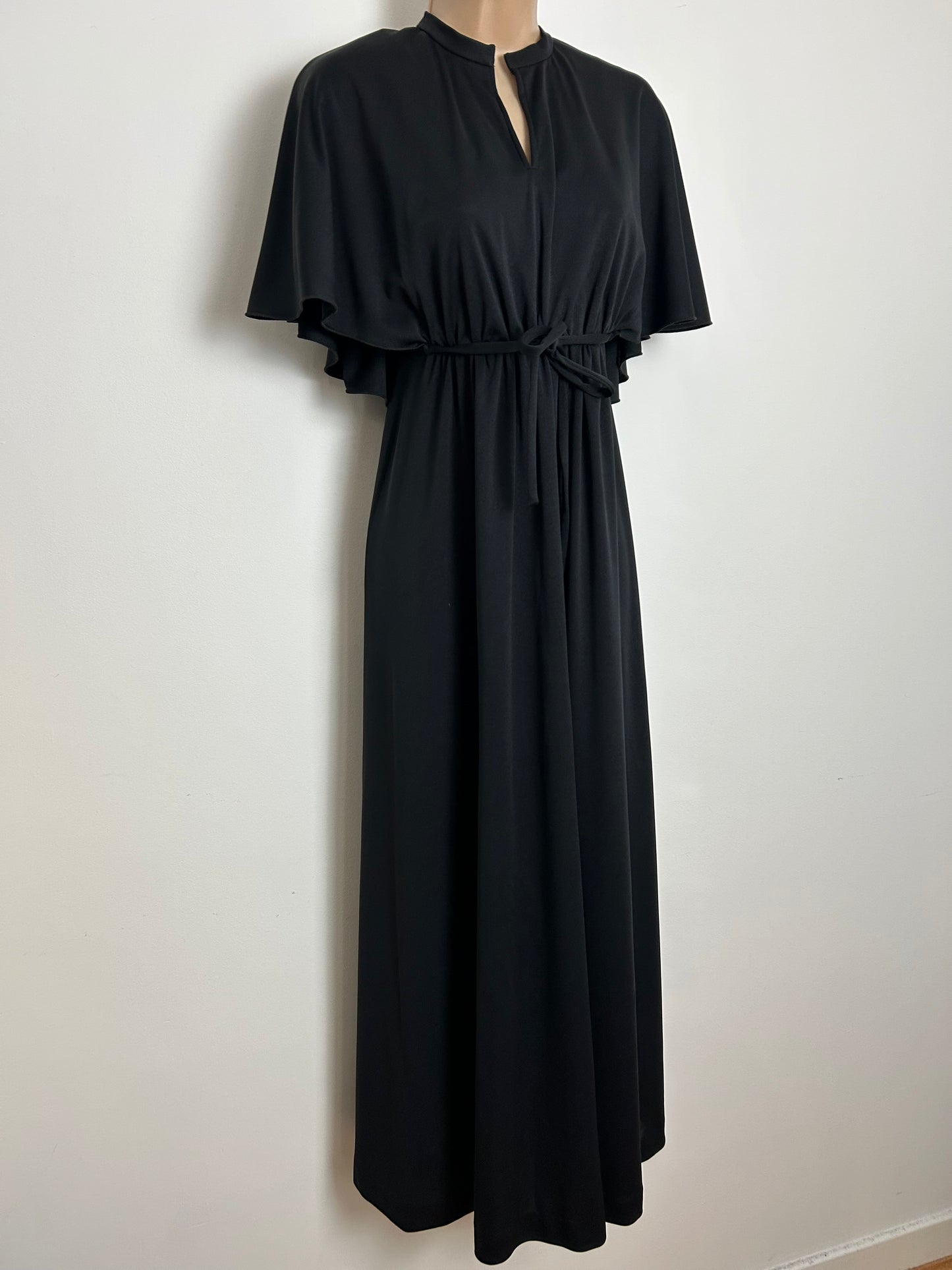 Vintage 1970s KATI AT LAURA PHILLIPS Size 10 Black Flutter Cape Sleeve Empire Line Maxi Dress