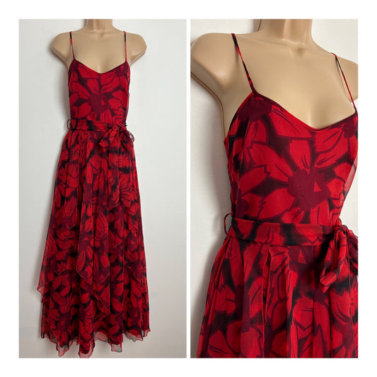 Vintage 1970s VERA MONT UK Size 6 Dark Red Abstract Floral Print Strappy Layered Summer Boho Maxi Dress