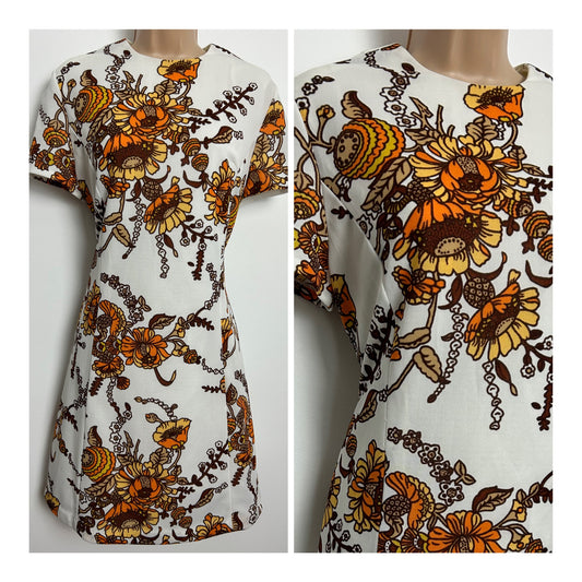 Vintage 1960s Size 12 White Orange & Brown Tones Floral Print Short Mod Shift Dress