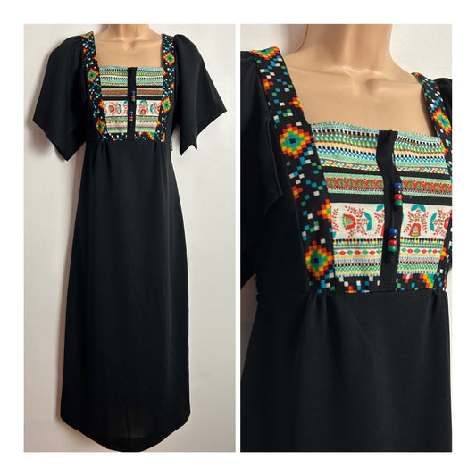 Vintage 1970s PROVA UK Size 6-8 Black Geometric & Floral Print Hanky Sleeve Boho Midi Dress