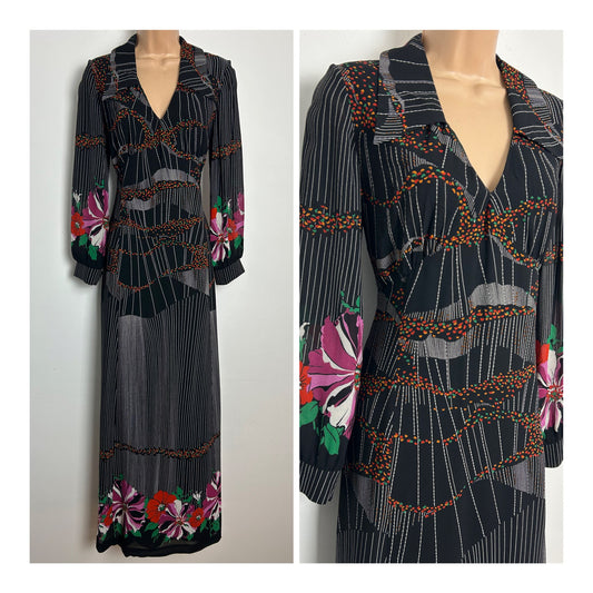 Vintage 1970s LOHLE MODELL Size 10 Black White & Pink Stripe & Floral Print Long Sleeve Maxi Dress