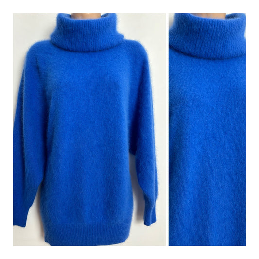 Vintage 1990s ITALIAN MARCO PECCI One Size Up To Size 14 Blue Wool & Angora Mix Turtle Neck Super Soft Jumper