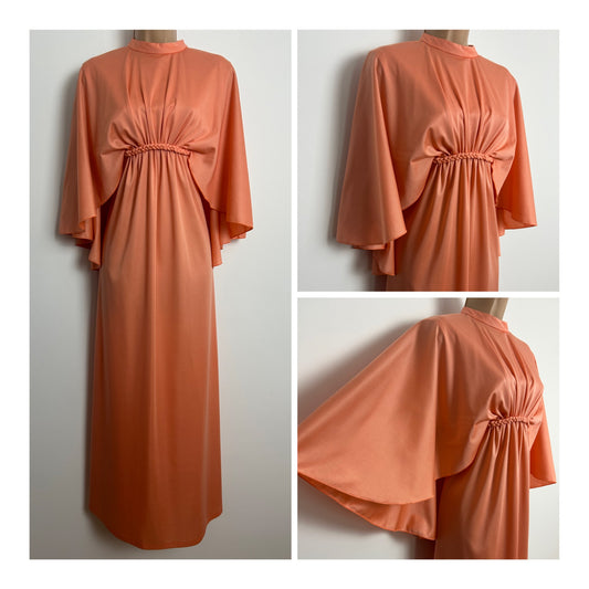 Vintage 1970s Size 8 Peach Coral Grecian Style Cape Sleeve Plait Detail Maxi Dress