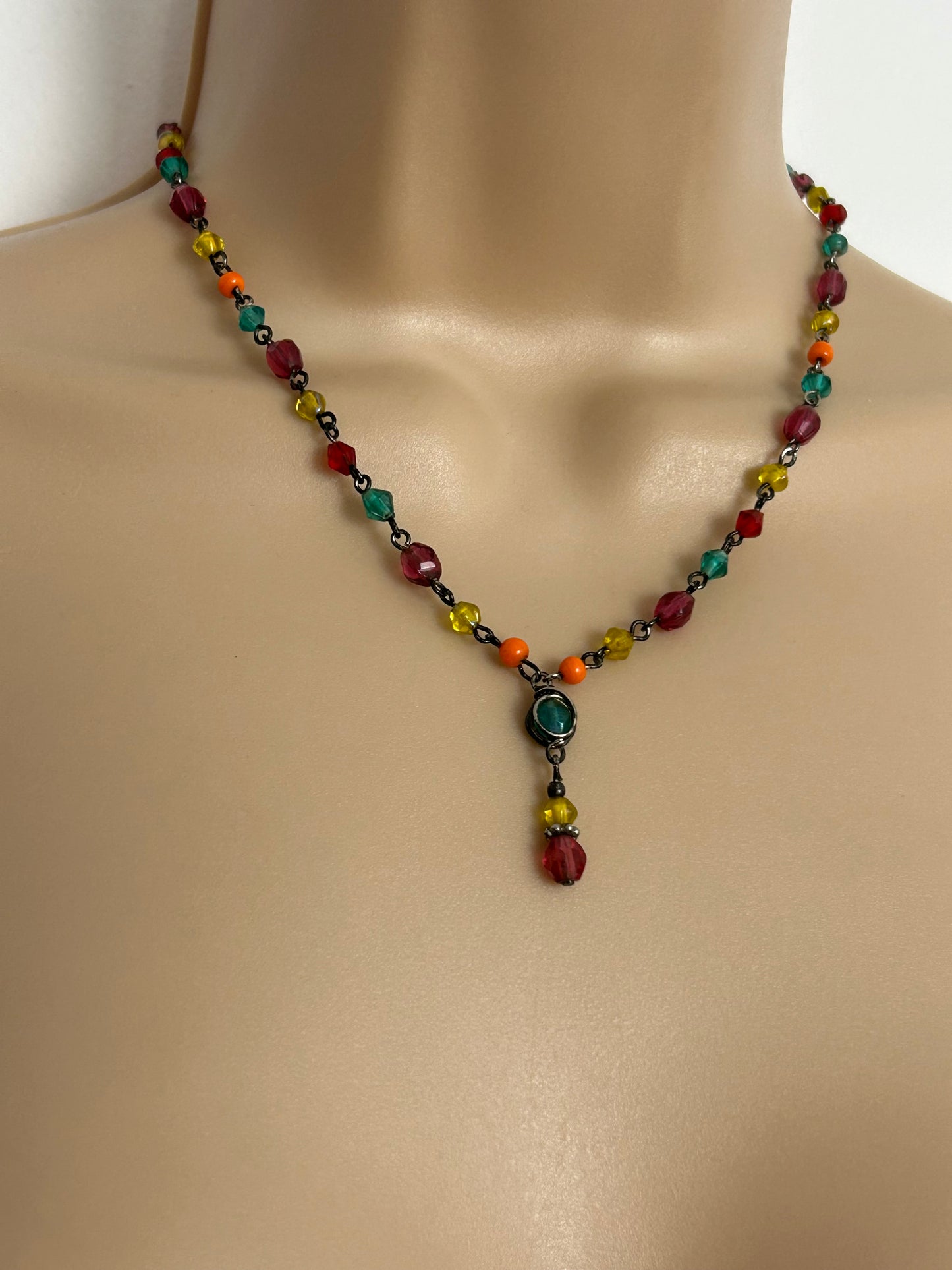 Vintage Multicolour Glass Stone Set Droplet Necklace