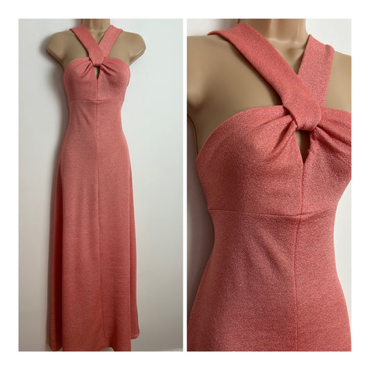 Vintage 1970s Size 10-12 Salmon Pink Twisted Halter Style Summer Occasion Maxi Dress
