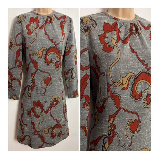Vintage 1960s ST MICHAEL UK Size 14 Grey & Rusty Brown Abstract Print Wool Mix Mod Shift Dress