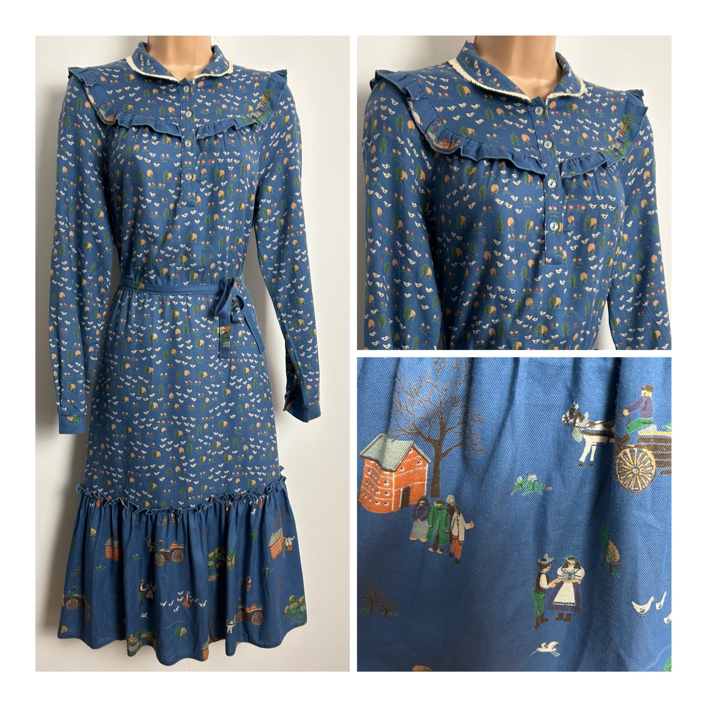 Vintage 1970s Size 12 Blue Duck & Farmyard Countryside Novelty Print Cotton Mix Prairie Belted Day Dress