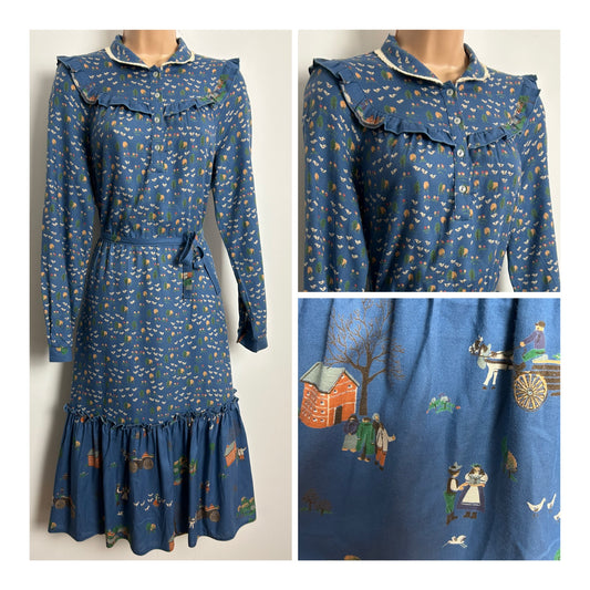 Vintage 1970s Size 12 Blue Duck & Farmyard Countryside Novelty Print Cotton Mix Prairie Belted Day Dress