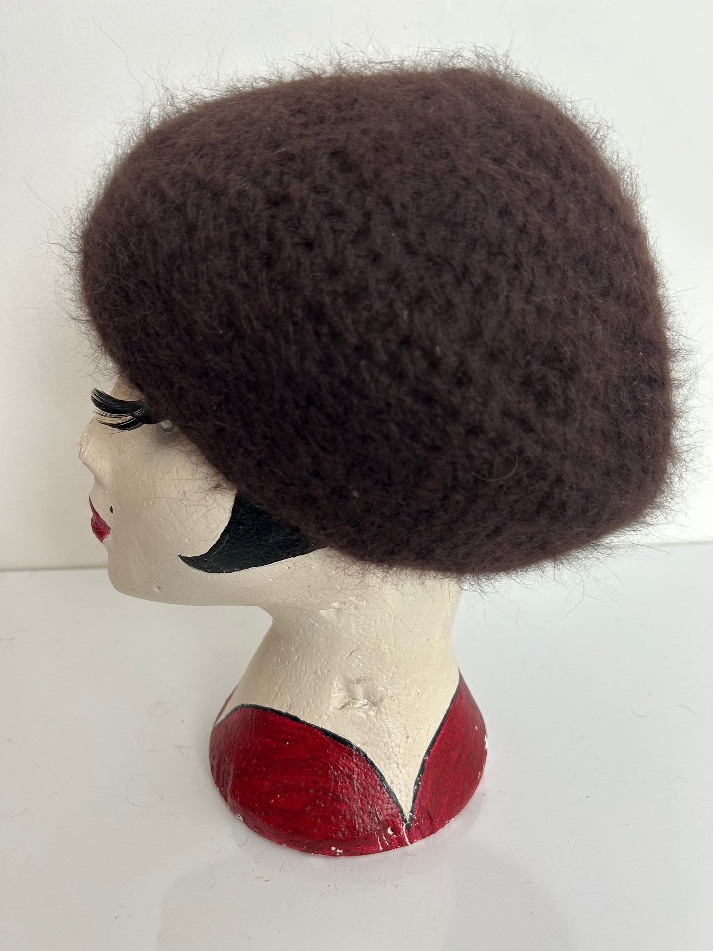 Vintage Handmade Dark Brown Angora & Wool Mix Semi Chunky Knit Beret/Beanie Style Hat