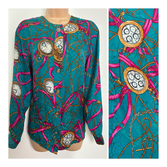 Vintage Late 1980s NORDSTROM TOWN SQUARE Size 12 Teal & Pink 100% SILK Pocket Watch Shirt