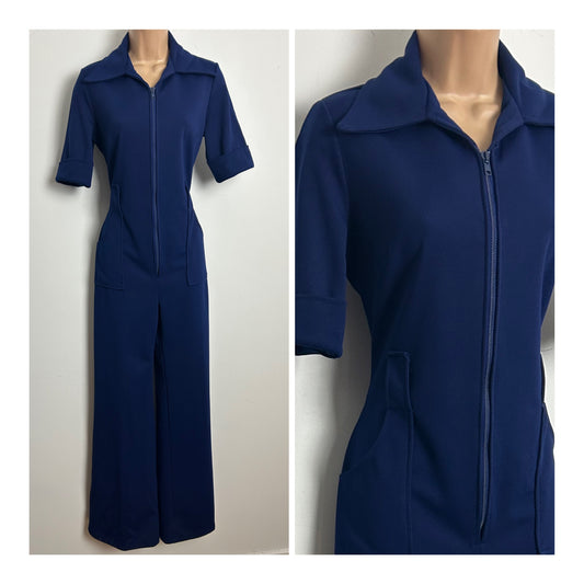 Vintage 1970s Size 10 Navy Blue Zip Fronted Short Sleeve Pocket Detail Wide Leg Jumpsuit