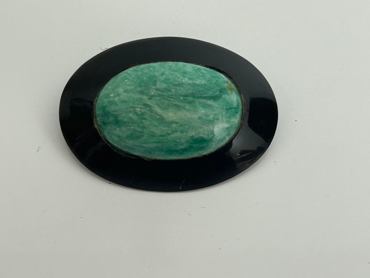 Vintage Homemade Black & Green Marble Effect Plastic Oval Shape Pin Brooch