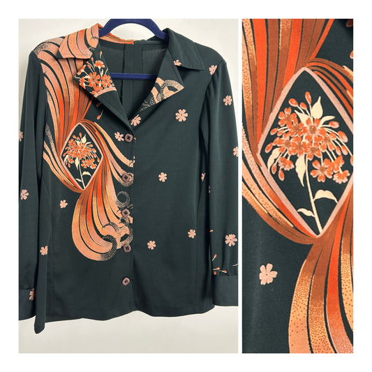 Vintage 1970s Size 14 Black & Brown Tones Abstract Floral Print Long Sleeve Shirt