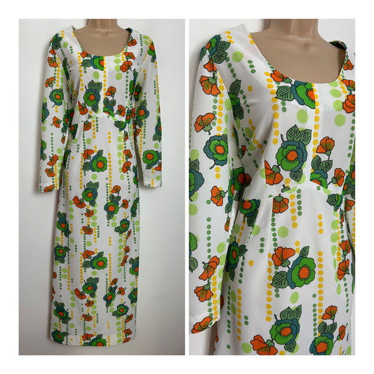 Vintage 1970s Size 12 White Green Orange & Yellow Floral  & Spot Print Long Sleeve Maxi Dress