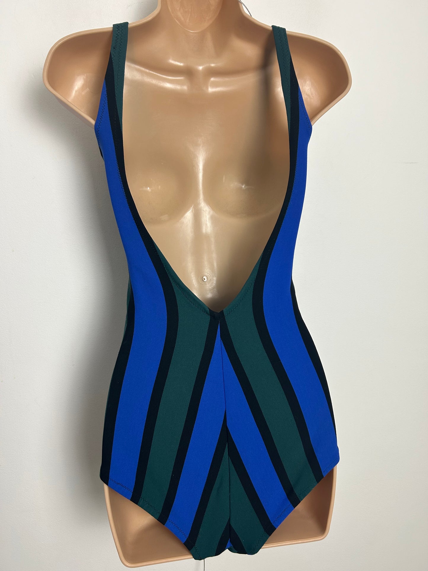 Vintage 1960s TRIUMPH Size 8 Blue & Green Stripe Print Moulded Cup Swimsuit
