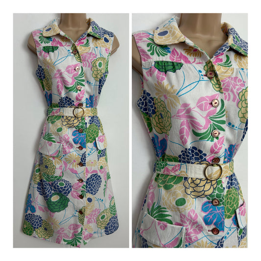 Vintage 1970s ST MICHAEL UK Size 12 White Pink Green & Blue Floral Print Sleeveless Belted Summer Dress