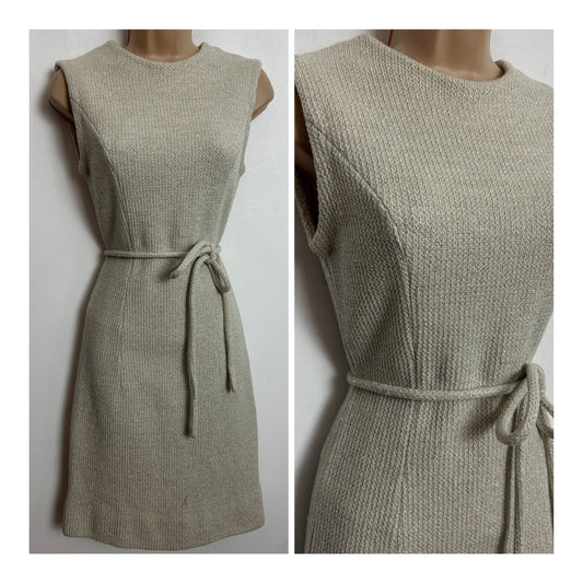 Vintage 1960s UK Size 6-8 Winter White & Silver Metallic Thread Belted Xmas Party Mod Dress