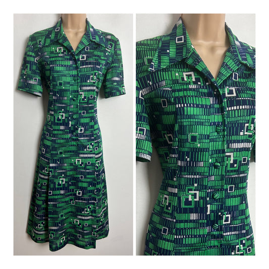 Vintage 1970s UK Size 12 Green Navy Blue & White Abstract Geo Print Short Sleeve Mod Dress