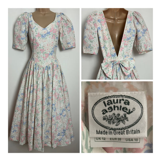 Vintage 1980s LAURA ASHLEY Size 8 (Size 12) White Blue & Pink Floral Print Bow Back Summer Prom Style Dress