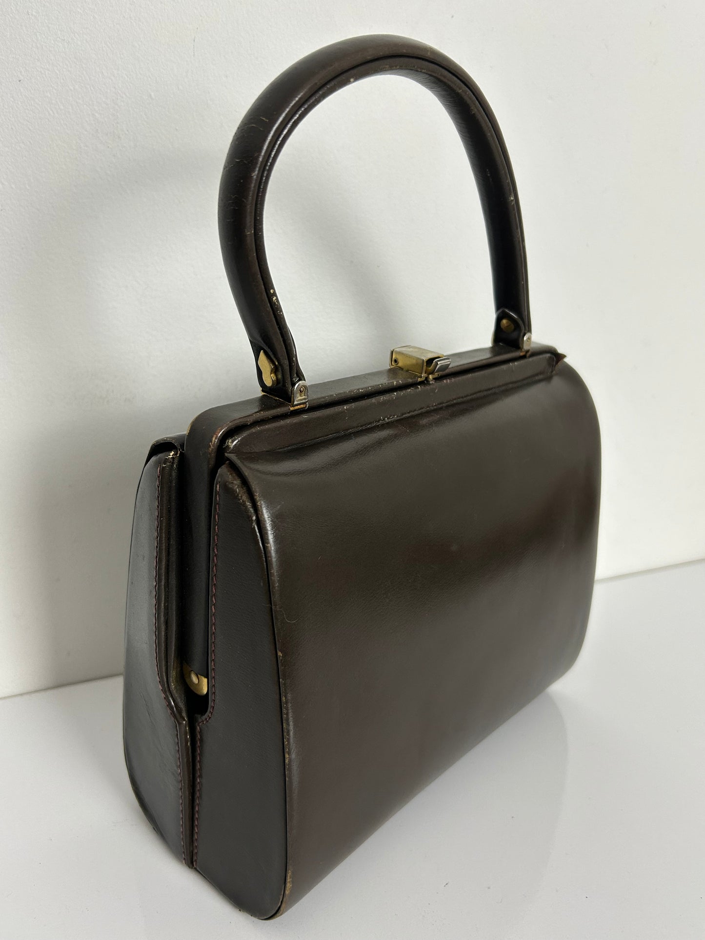 Vintage 1940s Dark Brown Leather Gladstone Style Boxy Handbag