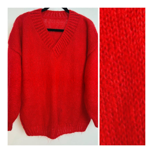 Vintage 1980s Sixe 12-14 Homemade Red Mohair V-Neck Jumper