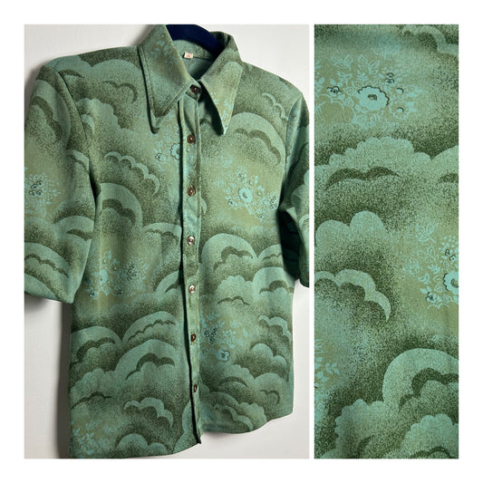 Vintage 1970s Size 10-12 Green Tones Abstract Floral Print Short Sleeve Shirt