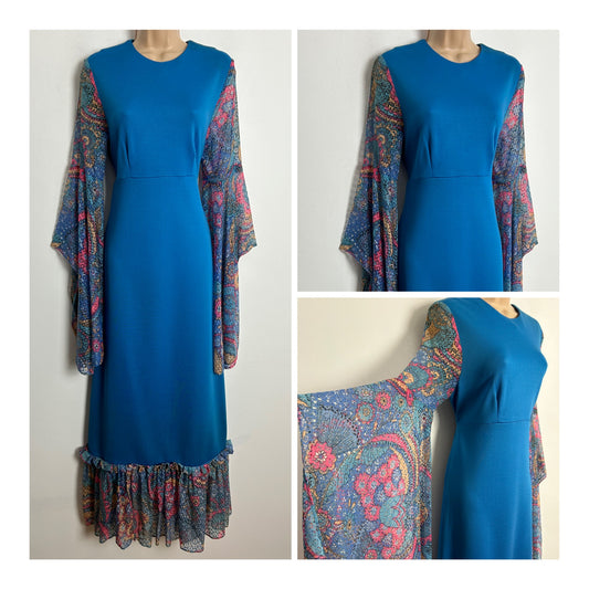 Vintage 1970s RICHARD SHOPS UK Size 10 Gorgeous Blue & Pink Floral Print Lace Flared Sleeves Tie Back Boho Maxi Dress