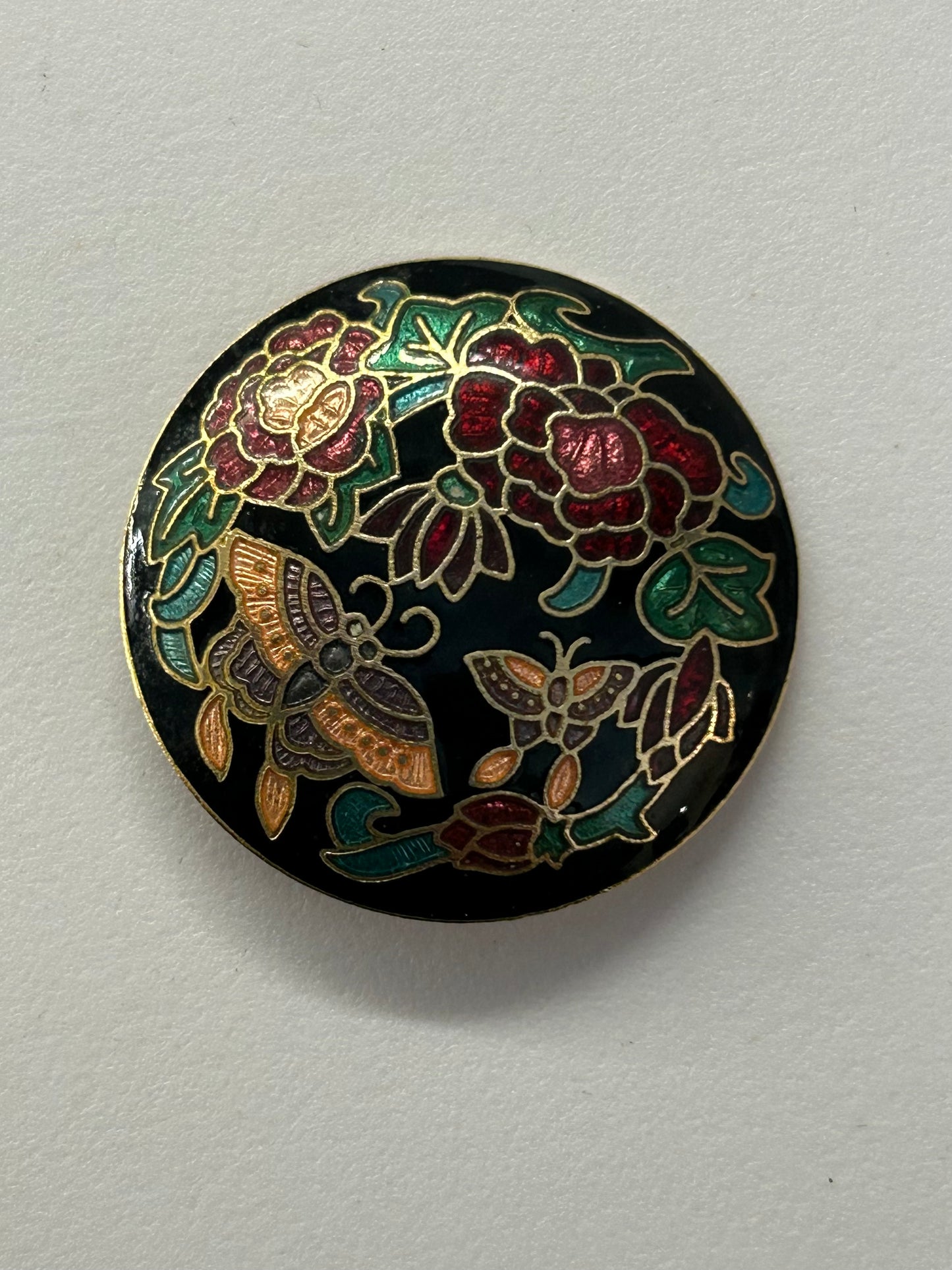 Vintage Gold Tone Cloisonne Enamel Floral & Butterfly Pattern Circular Brooch