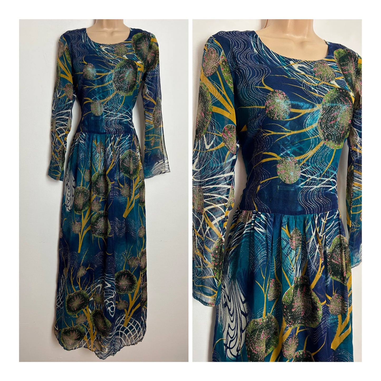 Vintage 1970s UK Size 8 Beautiful Teal & Mustard Abstract Print Silver Glitter Detail Boho Occasion Maxi Dress