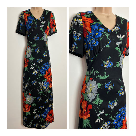 Vintage 1970s UK Size 14 Black Bold Floral Poppy Print Short Sleeve Maxi Dress