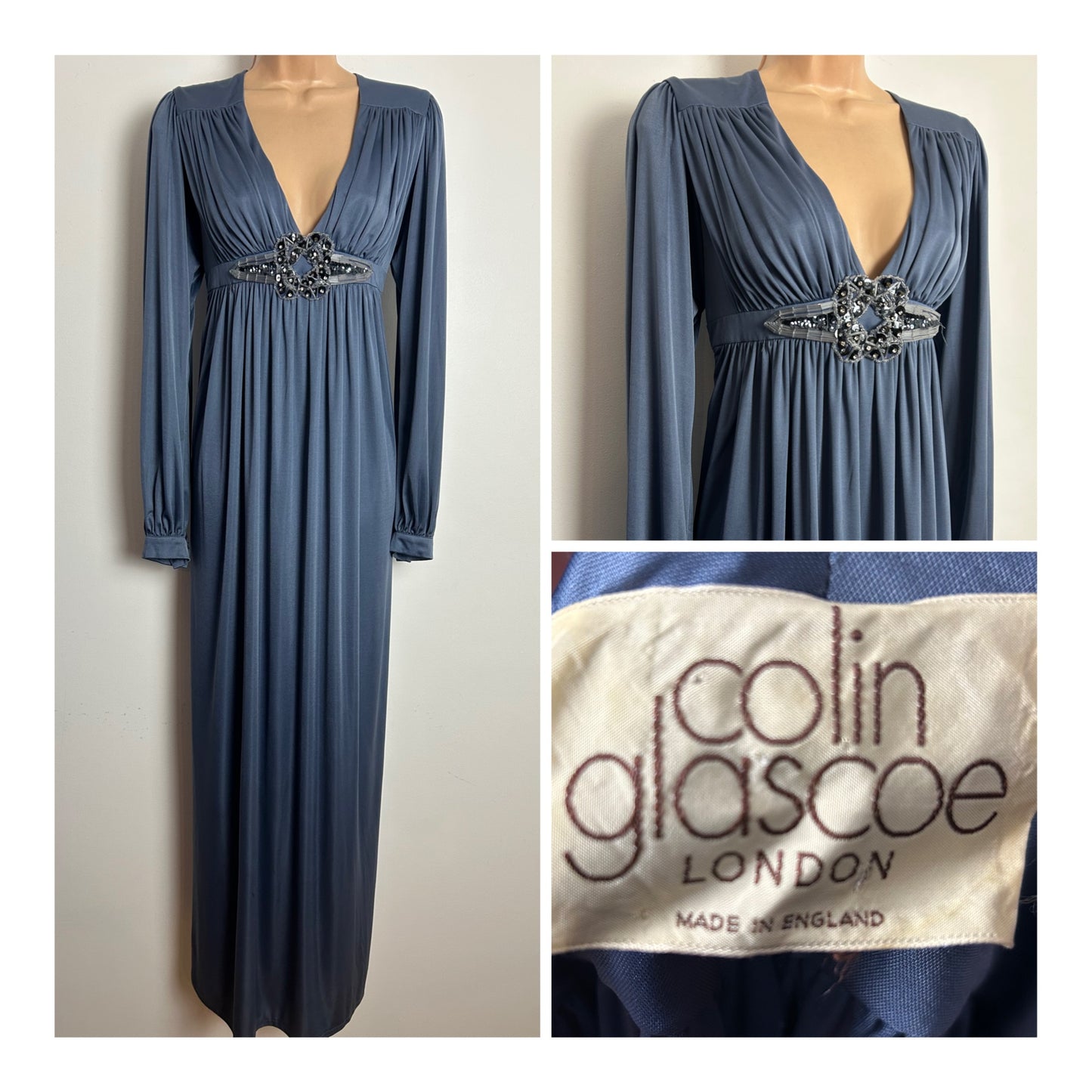 Vintage Early 1970s RARE COLIN GLASCOE Size 10-12 Pewter Gather Pleated Bead Applique Long Sleeve Maxi Dress