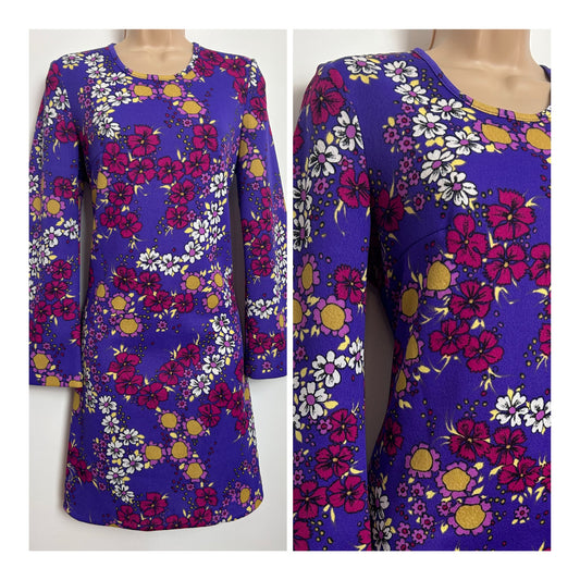 Vintage 1960s DARLING MODEL Size 10-12 Purple White & Dark Red Floral Long Sleeve Mod Shift Dress
